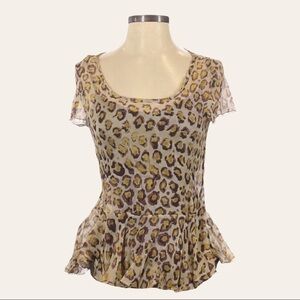 Gryphon New York Silk Chiffon Waterfall Blouse Leopard Animal Print Peplum Top S